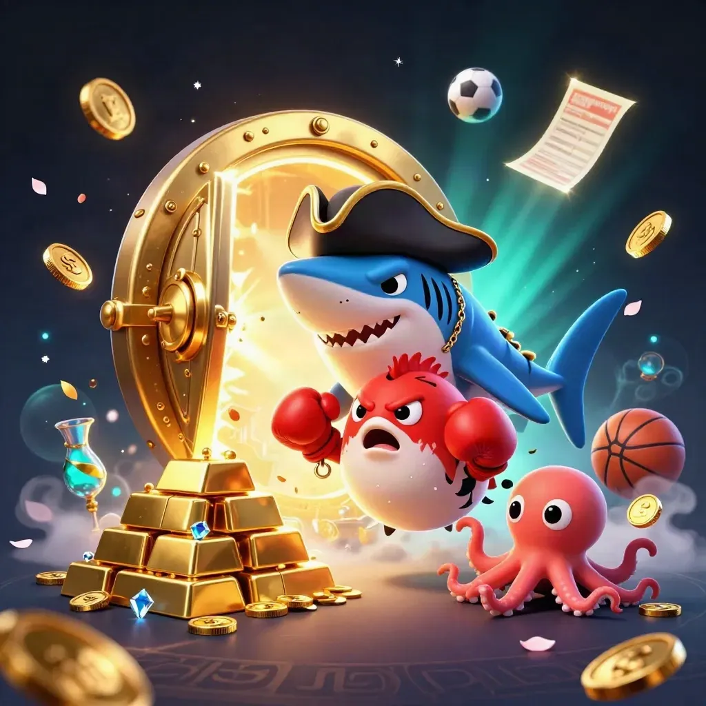 Shark pirate, pufferfish and octopus burst from a gold vault amid sports balls and casino treasure.