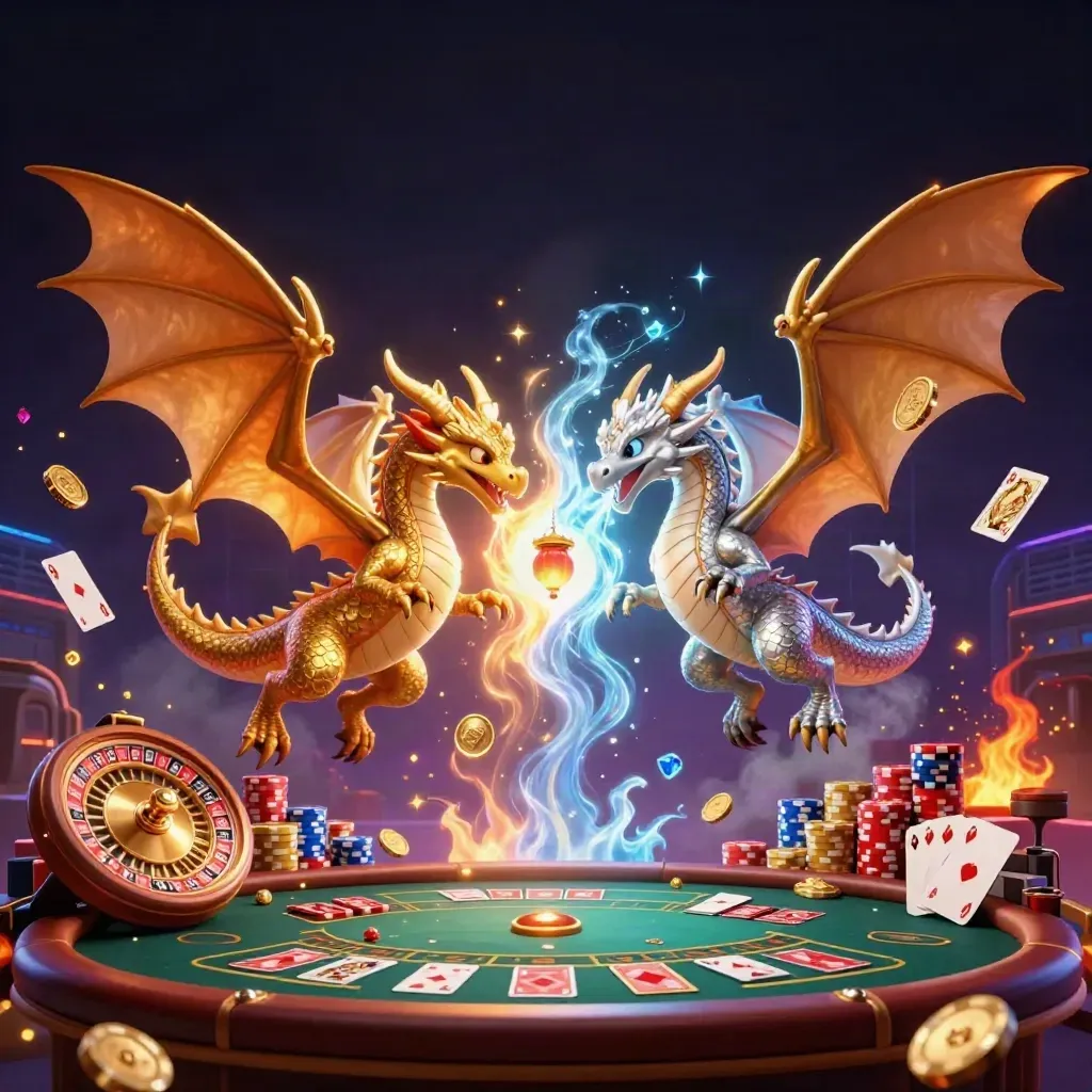 Twin gold and silver dragons clash in neon casino light amid coins, cards, and a spinning wheel.