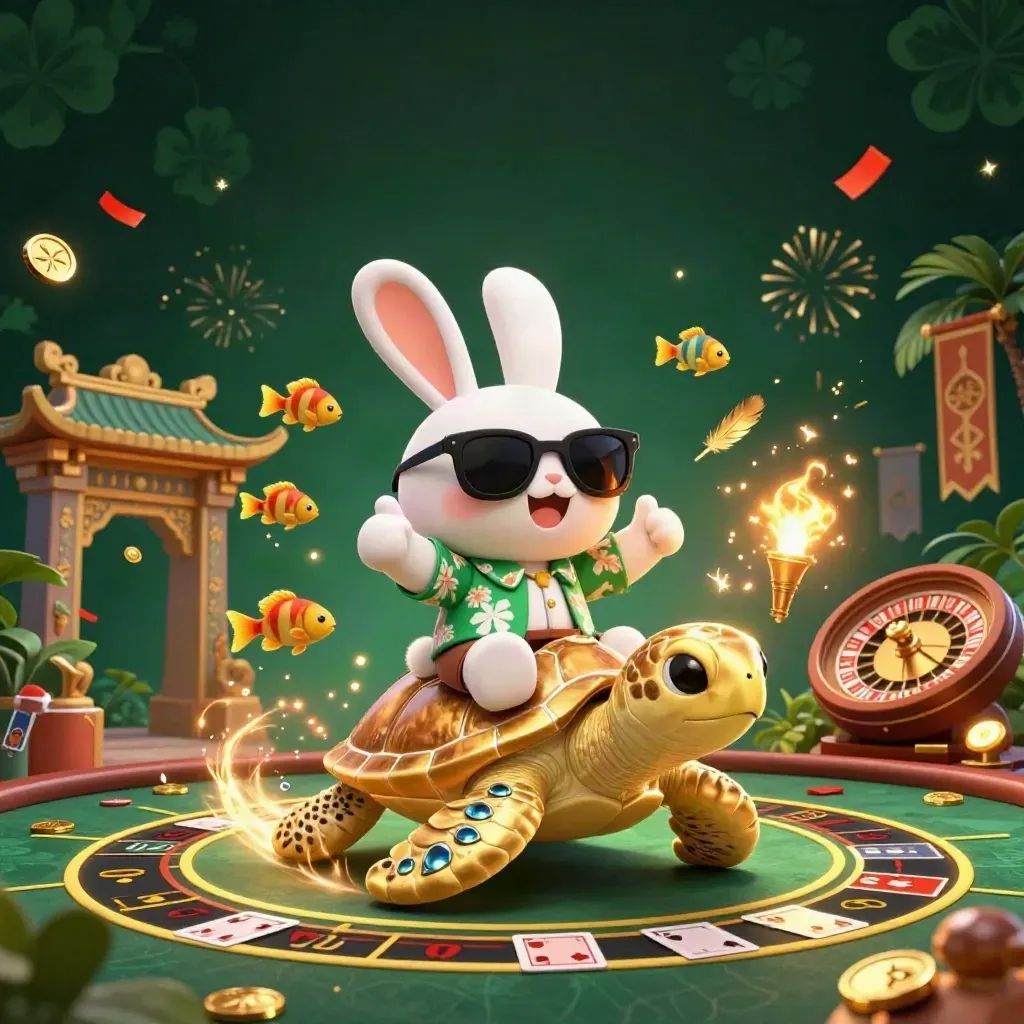 Lucky rabbit rides a golden turtle amid casino magic, fireworks, coins, and emerald light.