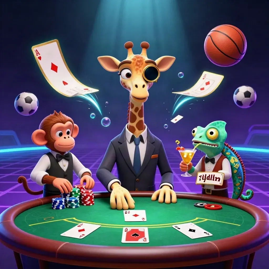 3D cartoon giraffe, monkey and chameleon at a neon poker table with chips and flying balls.