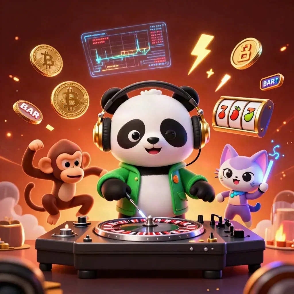 DJ panda, monkey, and glow kitten with casino coins, reels, and neon effects