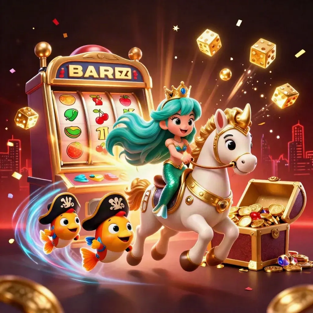 Mermaid princess rides armored seahorse amid exploding slots, gold, and confetti.