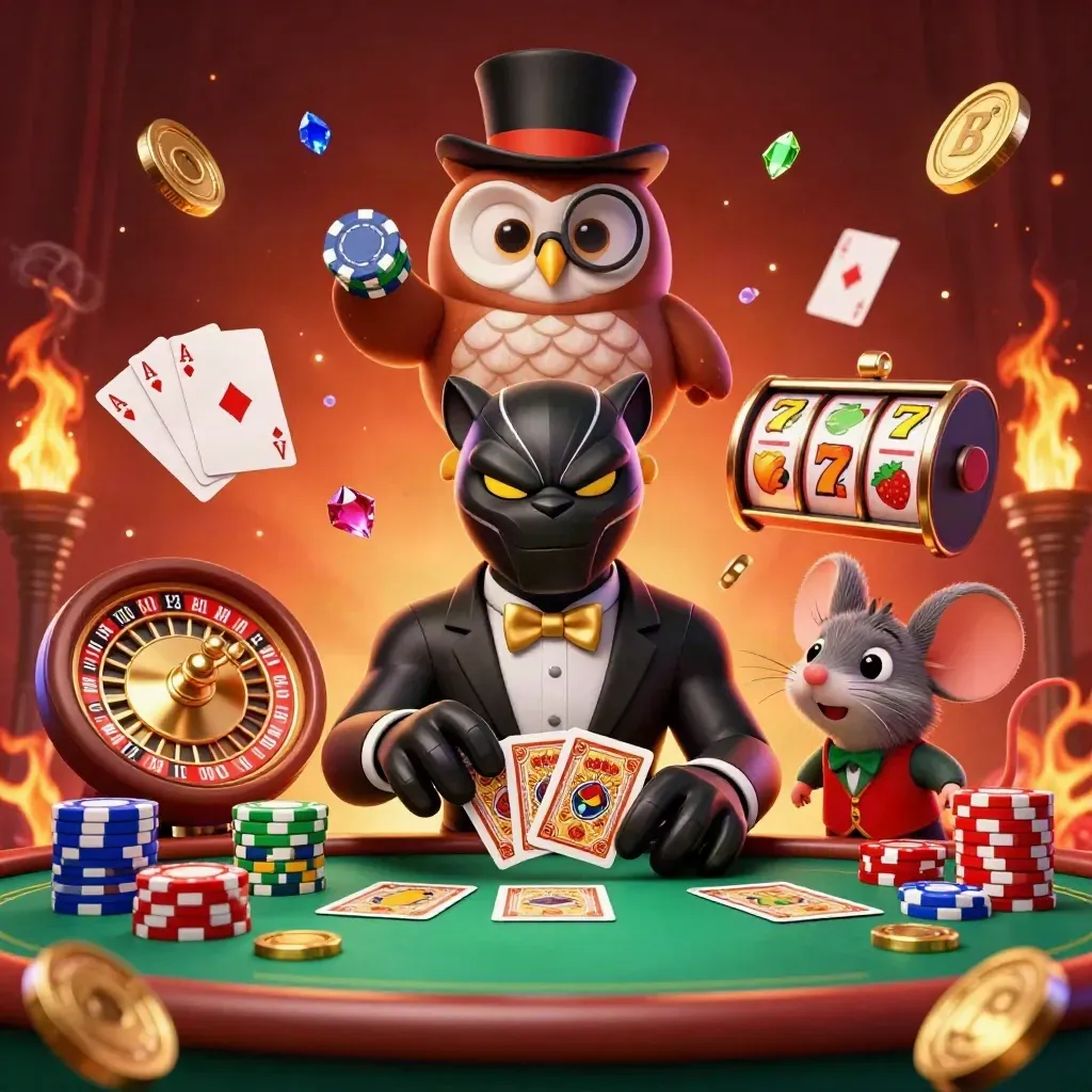 Black panther, owl, and mouse in a flashy casino card-and-chips explosion.