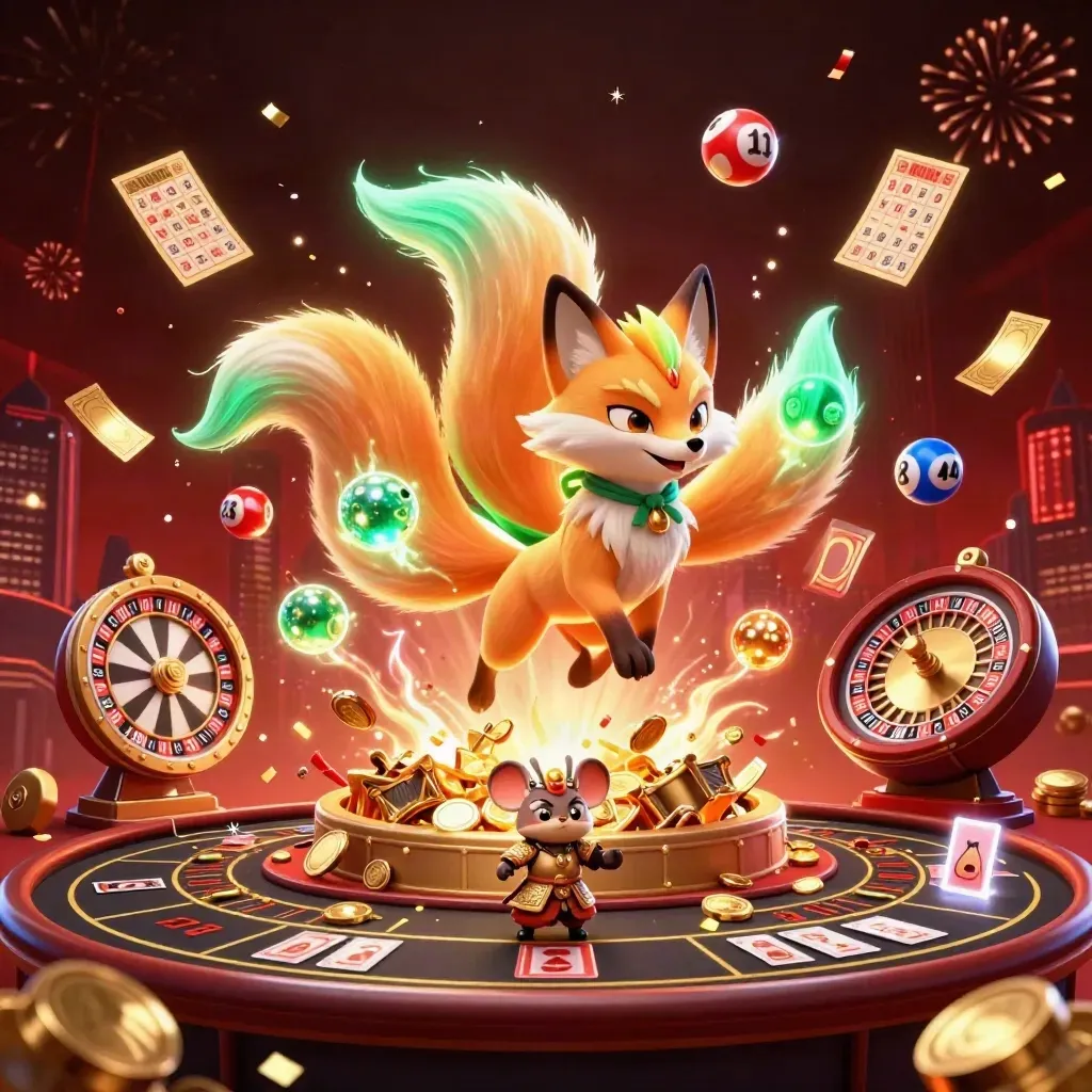 Fox spirit and samurai mouse amid coins, wheels, cards, confetti, and fireworks in a luxe casino scene.