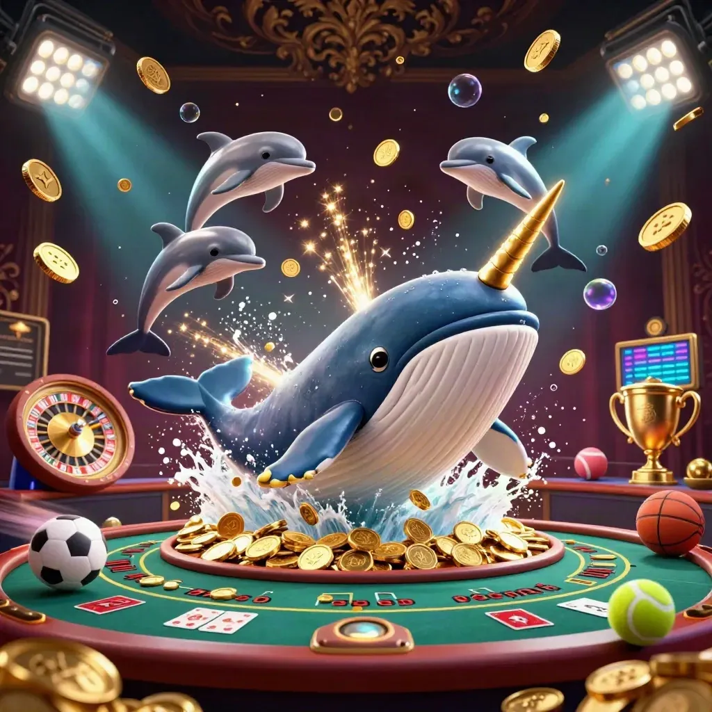 Whale captain, narwhal, and dolphins burst through coins with casino props and fireworks.