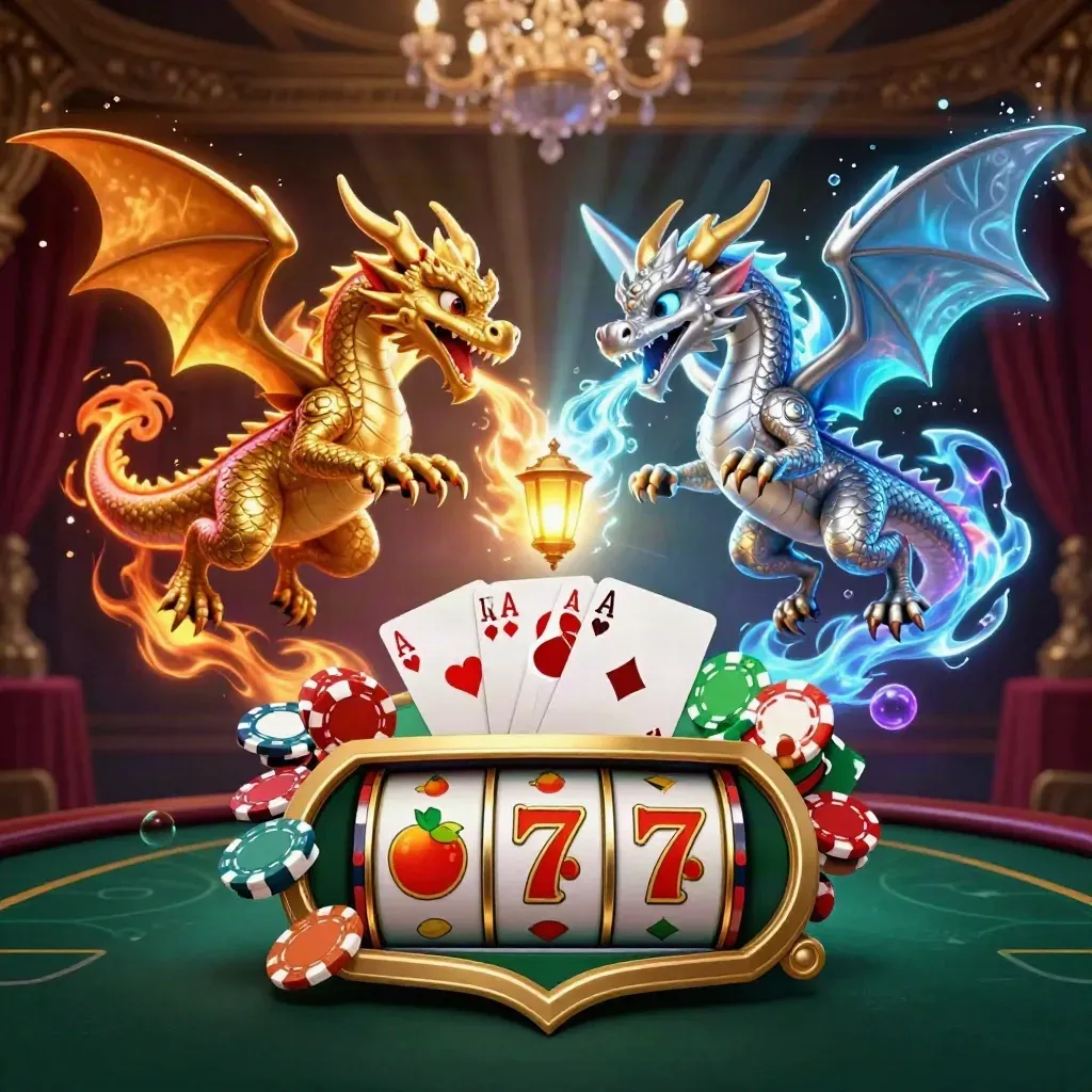 Gold and silver dragons swirl around casino cards, chips, and glowing slot symbols in a luxe dark tile.