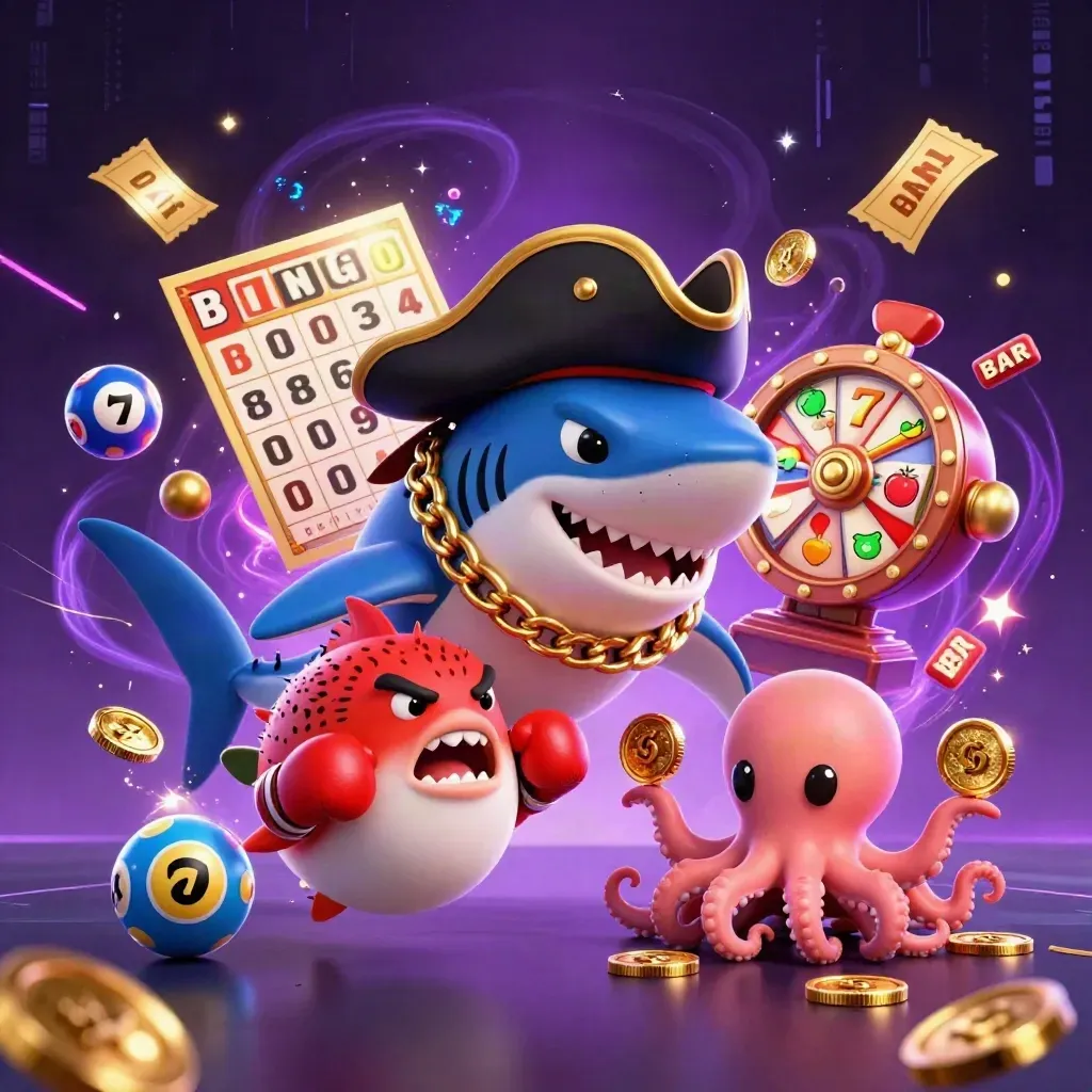 Pirate shark, boxing pufferfish, and juggling octopus amid casino effects on a dark purple background.