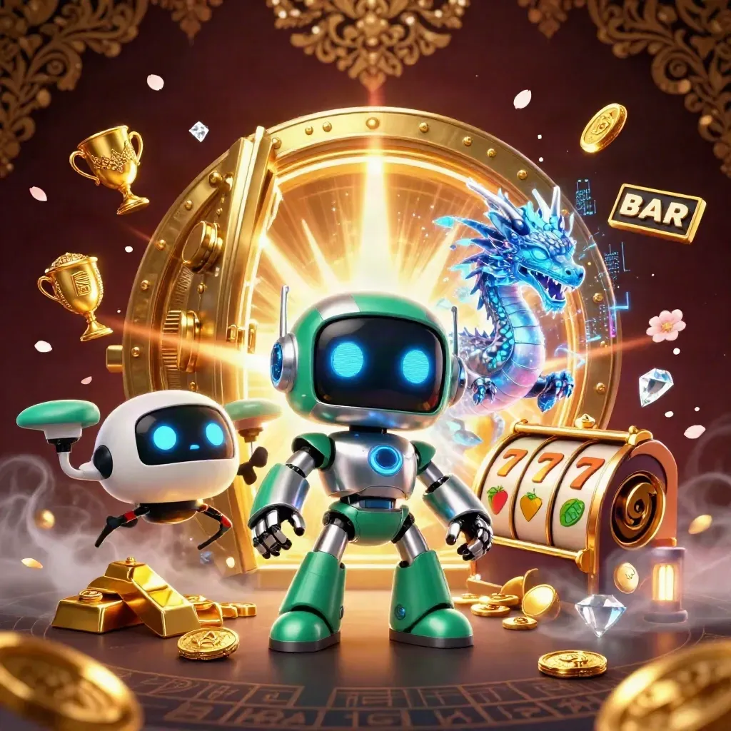 Cyberpunk robot, holographic dragon, and coin drone amid a glowing casino vault and treasure